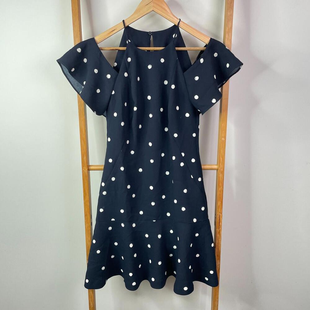 Veronika Maine Mini Dress Womens 6 Blue White Polka Dots Cold Shoulder Ruffle